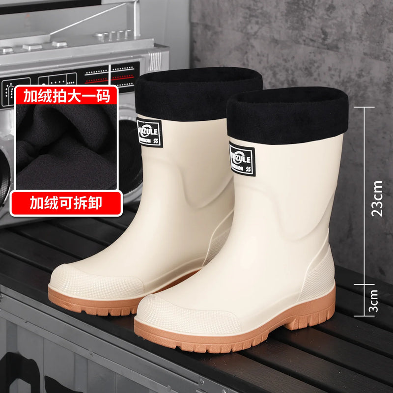 New Men's Style Rain Boots Fashion Mid-calf Waterproof Boots Work Warm Water Boots Wear-resistant Non-slip Fishing Rubber Shoes