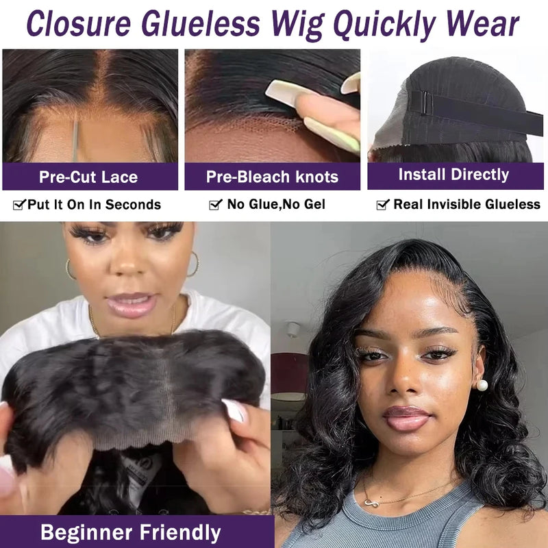 Body Wave Bob Human Hair Wigs 100 Black Bobs Lace Frontal Wigs 13x4 13x6 Glueless Lace Wig 7x5 Closure Raw Peruvian Black Wig