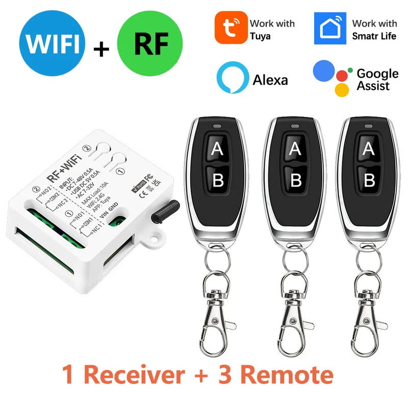 Tuya WiFi RF Switch DC 12V 24V 2Channels Dry Contact Relay Wireless Remote Control Transmitter 50m work with Google Assist,Alexa