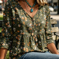 V Neck 3/4 Sleeve Babydoll Blouse Women Colorful Floral Peplum Top Casual Loose Chiffon Shirt for Daily Outdoor Park Wear