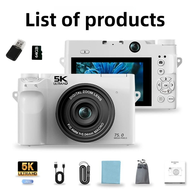 5K Digital Camera for Photography,75MP Point and Shoot Digital Cameras 64GB, Dual Lens 18X Zoom Autofocus, WiFi Vlogging Camera