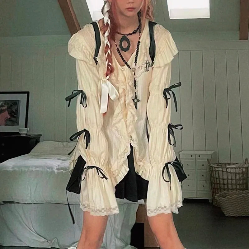 Karrram Y2k Aesthetics Lace Shirt Grunge Gothic Irregular - View 3 | SAMAG