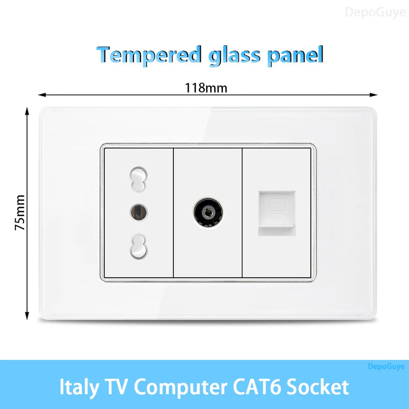 White Tempered Glass Italy USB Type C Smart Fast Charging Wall Socket Plugs Schuko Light Switch Panel Chile TV Sat Computer CAT6