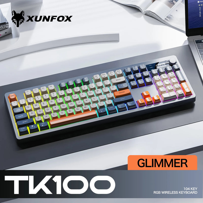 Xunfox TK100 Bluetooth Wireless Dual-Mode Keyboard Desktop Laptop Office E-Sports Gaming RGB Light Effect Charging Robot Feel