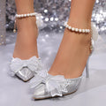Women's Crystal Bowknot Bride Shoes for Wedding Luxury Beads Ankle Buckle Stiletto Heel Pumps Women Pointed Toe High Heels Shoes
