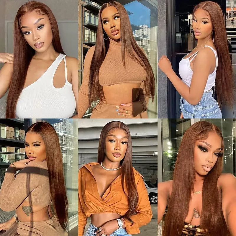 #4 Straight Chocolate Brown Wigs 200% Density 13x4 13x6 HD Transparent Lace Frontal Wigs Real Human Hair 46 Inch Remy Women Hair