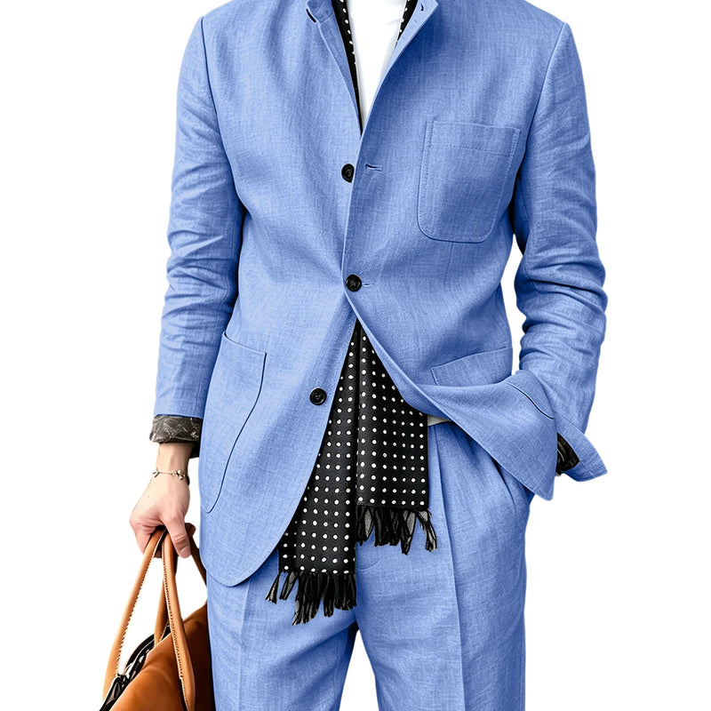 Men's Linen Blend 2 Piece Suit Set Stand Collar Three Button Breathable Casual Blazer Pants For Business Daily Wear Summer