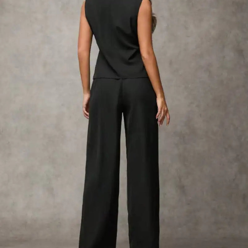 Women's Black Two Piece Set Sleeveless Round Neck Tie Asymmetric Hem Top Wide Leg Pants Set Spring Summer Office Elegant Outfit