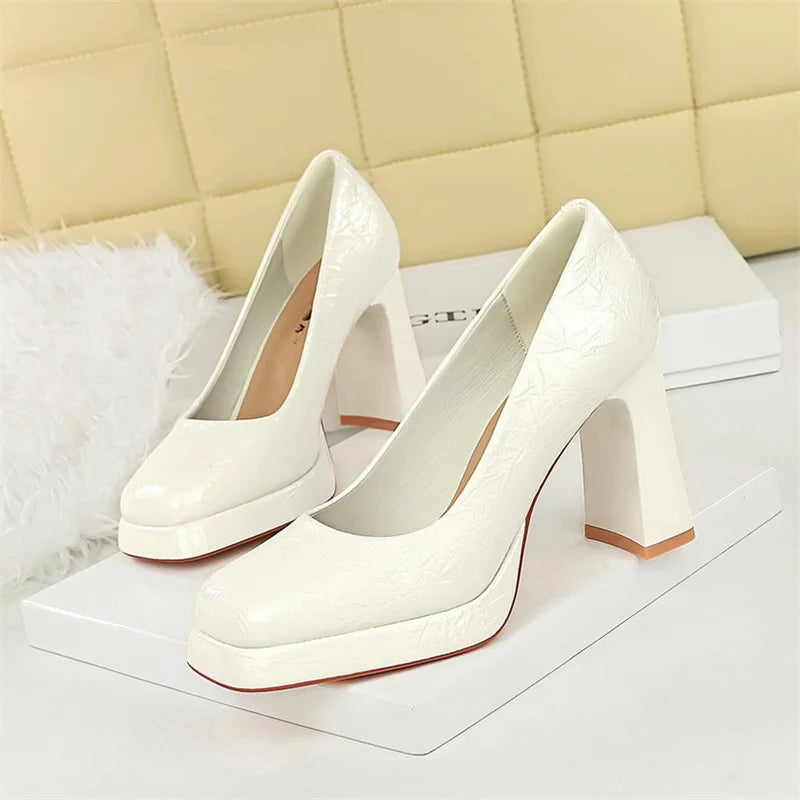 New Waterproof Table Square Toe Super High Heels Women Shallow Mouth Thick Heels Single Shoes Versatile Temperament High Heels