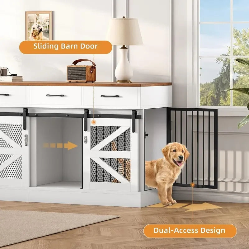 Oversized Dog Cage Furniture, Indoor Dog Bed with Detachable Partitions and Drawers, Sturdy Wooden Dog Box TV Stand
