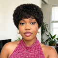 Human Hair Short kinky straight Pixie Cut Wigs for Women, full machine made Natural Black Short Bob Wig with Bangs