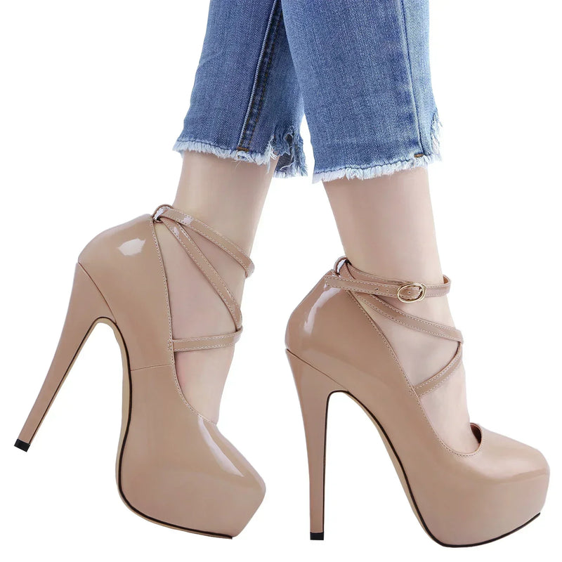 Women Stilettos Pumps Sexy Shallow Round Toe Slingback Super Platform Ankle Strap High Heels Elegant Banquet Party Wedding Shoes