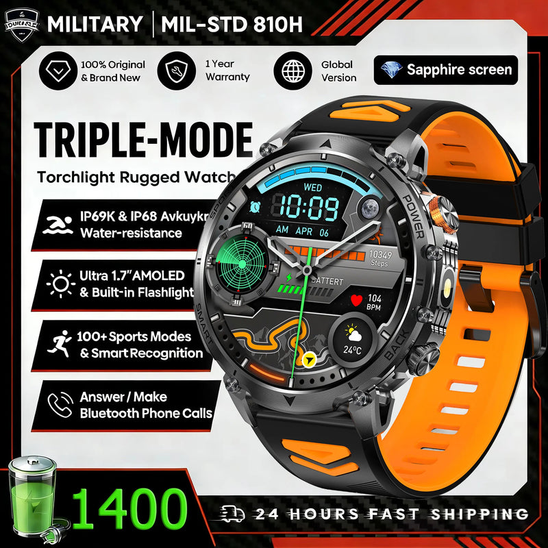 Hot New 1400mAh Big Battery Smart Watch Men Outdoor Flashlight IP68 Waterproof Bluetooth Call AMOLED Military Sports Smartwatch