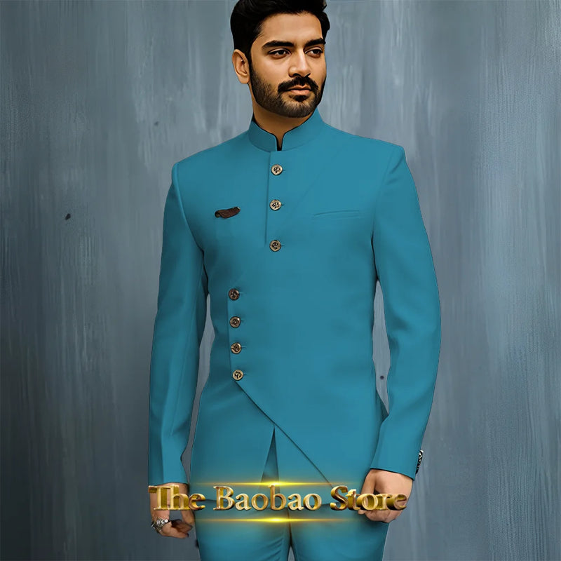 Matching Design Men's Suit 2pcs African/Indian Safiri Attire Customized Set with Gold Button for Wedding Party Formal Events