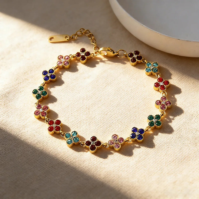 Stainless Steel Colorful Cubic Zirconia Flower Cover Bracelet Adjustable Four - Leaf Clover CZ Stone - Visuel 10 | SAMAG
