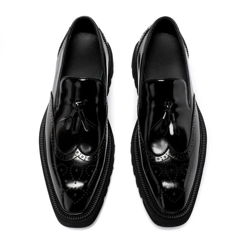 British Style Genuine Leather Platform Square Toe Carving Slip On Dress Shoes Handmade Cowhide Tassels Solid Color Men Loafer