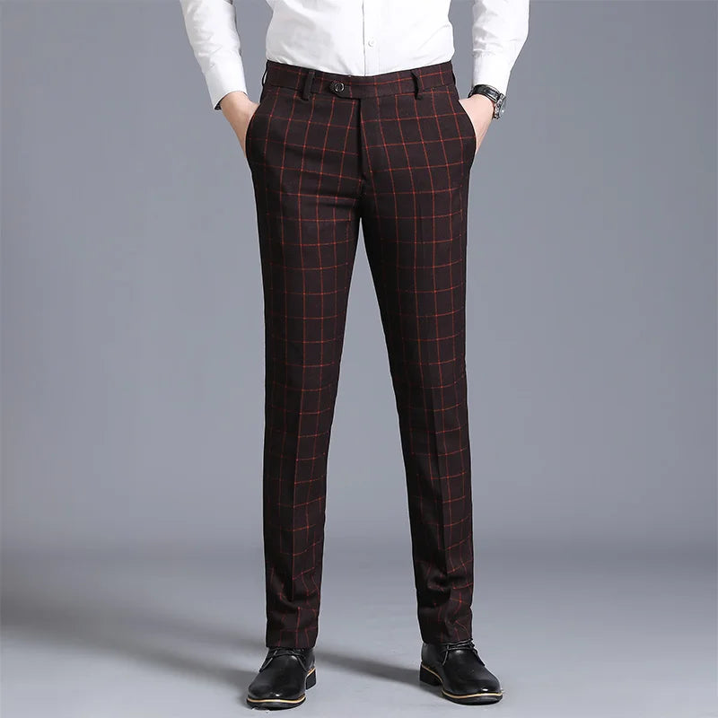 2026 Men's Blue Vertical Striped Suit Pants, Black Business Casual Trousers, Asian Sizes 28-40, Burgundy and Gray Plaid Pant.