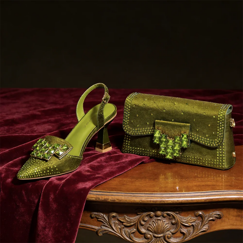 2026 INS Italian Design Olive Green Rhinestone Pointed-Toe Women's High Heels & Matching Bag Set - Ideal for Parties & Weddings