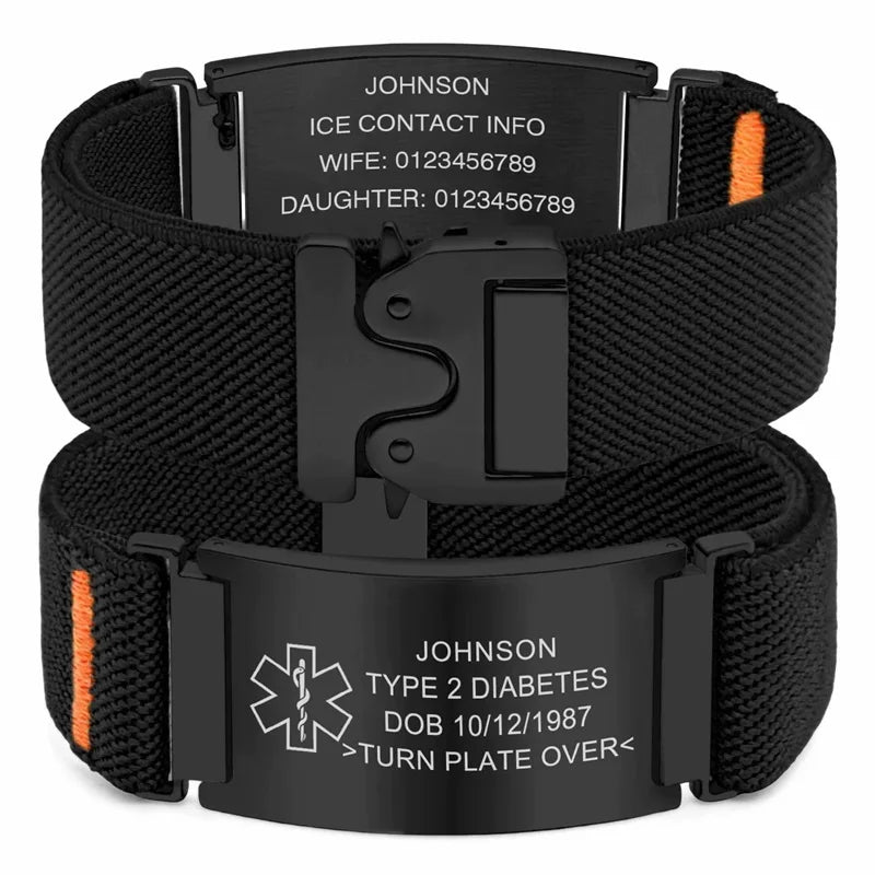 Personalized Medical Alert Bracelet for Men Customized Elastic Strap Stainless Steel ID Engraved Medic - Visuel 13 | SAMAG