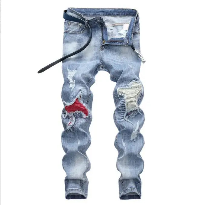 Fashionable New Men's Motorcycle Jeans Pleated Holes | SAMAG