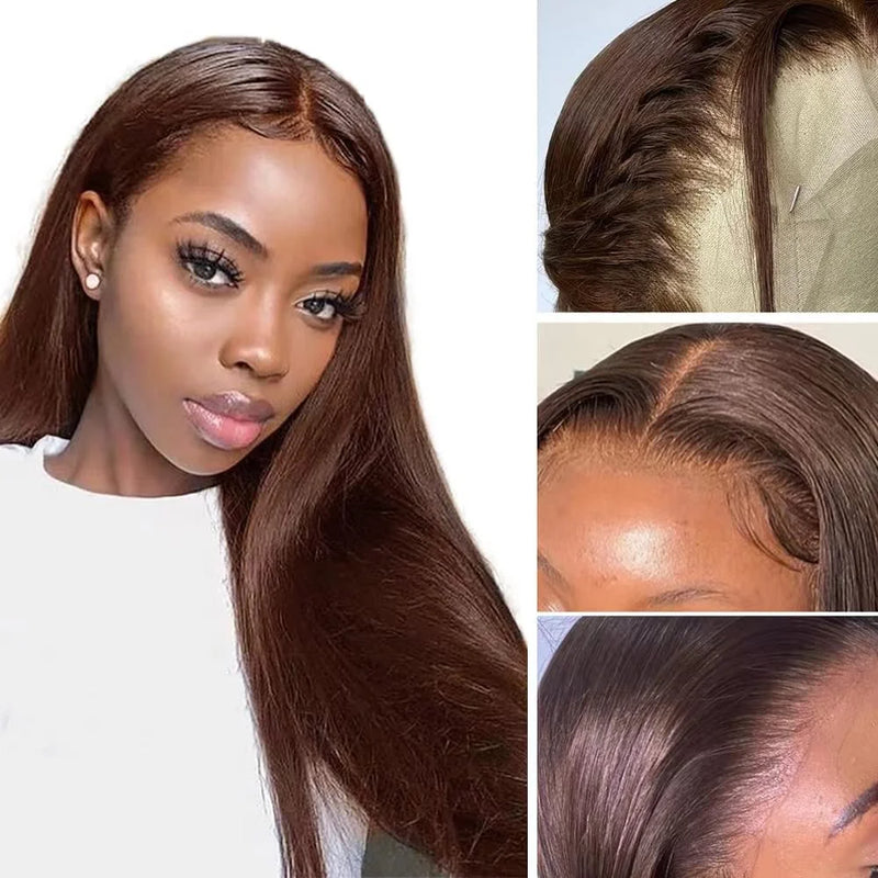 Chocolate Brown Straight Lace Front Wig Synthetic 30 Inch 200 Density 13x4 HD Transparent Full Lace Frontal Wig Pre Plucked