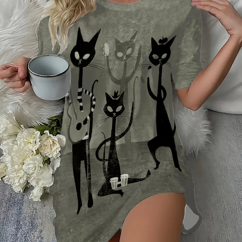Little Cat in a Crown' Printed Long T-Shirt Short-Sleeved | SAMAG