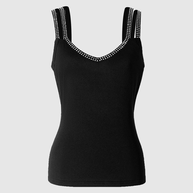 Women Cami Top Black Rhinestone V Neck Double Strap Sleeveless Top Fitted Sexy Tank Tops Spring Summer Party Night Club Outfit