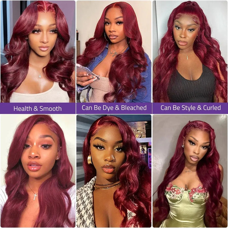 99J Burgundy Red Colored Body Wave Pre Plucked Brazilian Human Hair Lace Front Wig 40‑46 Inch 200% Density 13x4 13x6 HD Transparent Lace Frontal Wigs For Black Women