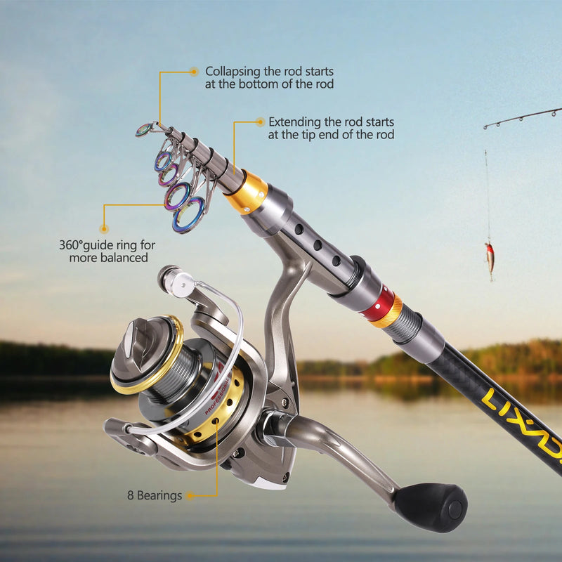 Lixada Carbon Fiber Telescopic Fishing Rod and Spinning Fishing Reel Combo Full Kit Fishing Tackle Carrier Bag Fishing Gear Set