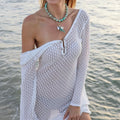 Vacation Casual Short Dress, Knit Hollow Out Long Sleeve Beach Cover-Up, Fitted Plain Style, Spring & Fall Fashion