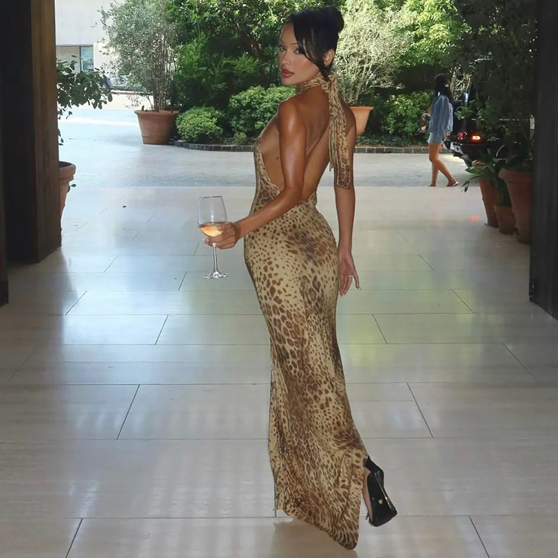 Cryptographic Fashion Halter Leopard Sexy Backless Maxi Dress Women Club Outfits Bandage Embellished Long Dresses Robe Clothes