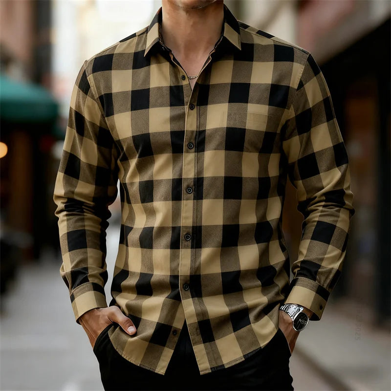Men's Classic Red and Black Plaid Long-Sleeved Shirt | SAMAG