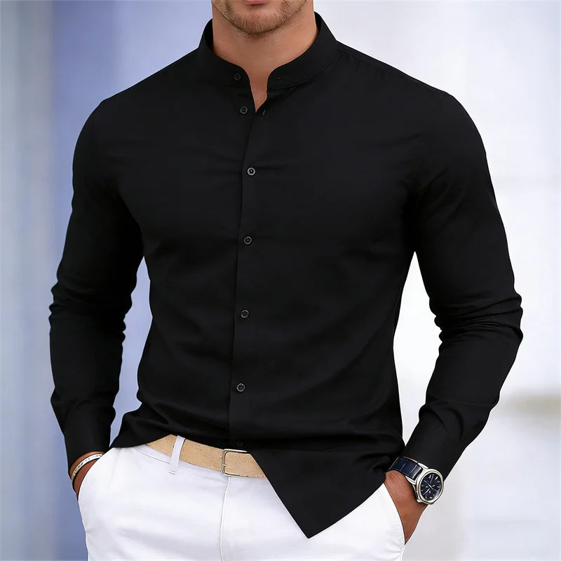 Men's stand-up collar white or black long-sleeved shirt | SAMAG