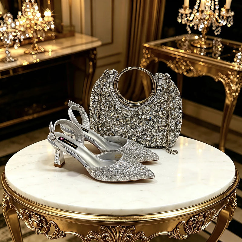 New Italian Pumps and Bag To Party 2026 INS Style Pointed Metalldekoration Rhinestone Elegant Gold Color High Heels for Women