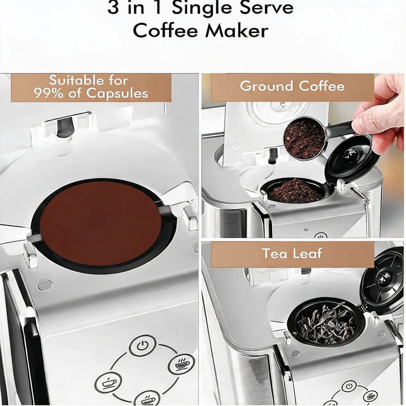 Single Serve Coffee Machine, 3 in 1 Pod Coffee Maker For K-Pod Capsule, Ground Coffee Brewer, Leaf Tea Maker, 6 to 10 Ounce