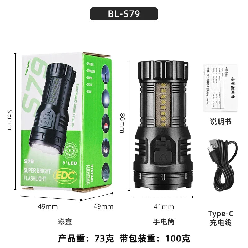 Mini Flashlight 9 LED Strong Light Lantern Long Range Rechargeable Pocket Lamp Outdoor Portable Camping Hiking Light