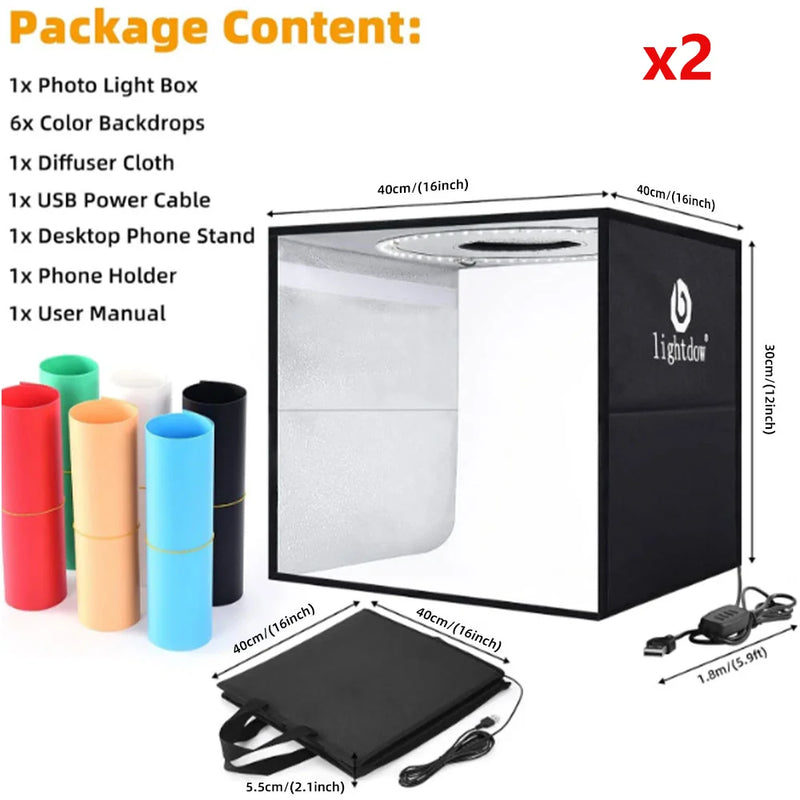 Lightdow Photo Lighting Studio Shooting Tent Box Folding Durable CRI95 Ring 120pcs LEDs Light +6 Colors Backdrops 40*40*30cm