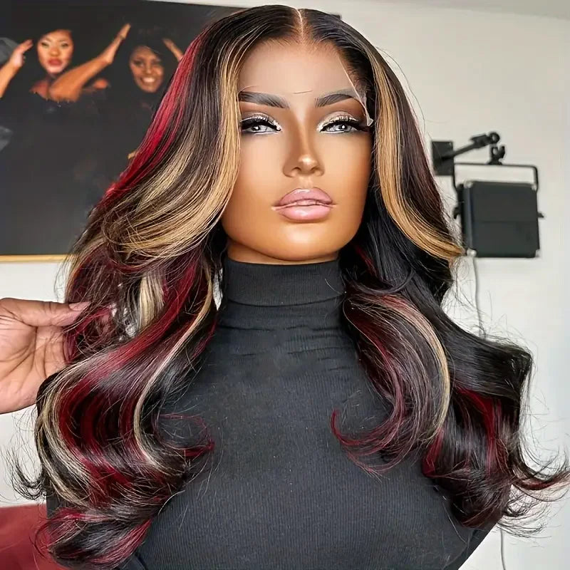 Red Black With Blonde Highlight 13X6 Lace Front Wig Body Wave Synthetic Glueless pre plucked With Baby Hair Lace Frontal Hair
