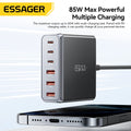Essager 85W GaN USB Charger6in1 Desktop Fast Charge USB Type C Charger  For iPhone17 16 15Pro  Xiaomi Samsung Smartphone Laptop