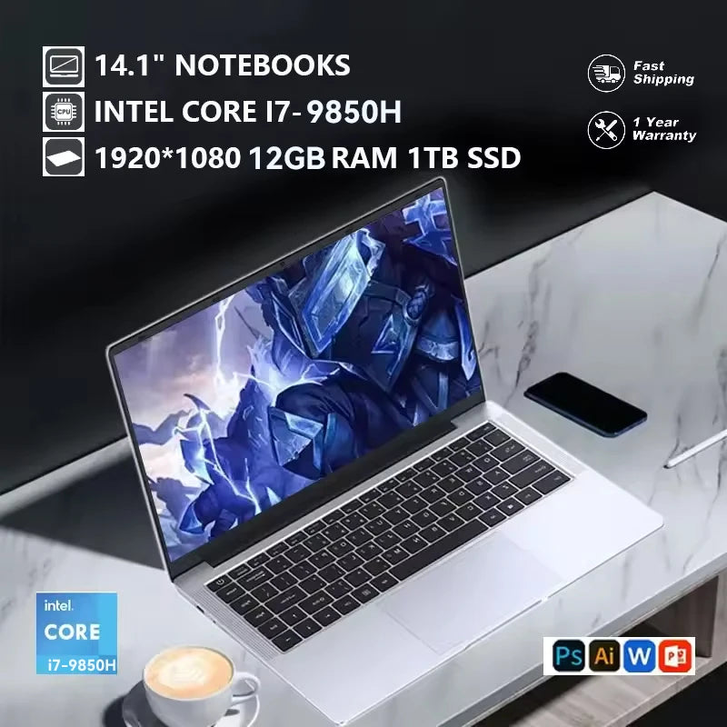 2026 14.1" Laptop Computer Intel Core i7 9850H Atom A3950 Windows 11 Pro Laptops Gaming HD RAM 12GB SSD 1TB Portable Notebook PC