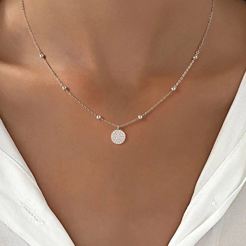 925 Sterling Silver Fashion Shiny Round Beads Halo Zircon Necklace For Women Engagement Wedding Fine - Visuel 5 | SAMAG