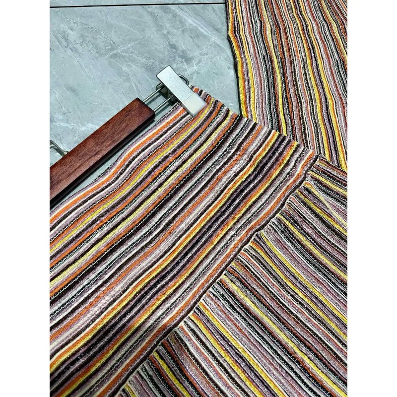 Metallic Colorful Striped Knit Skirt Set Women 2026 New Classic Halter Neck Sleeveless T-Shirt+Slim Versatile Skirt 2-Piece Set