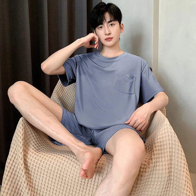 Summer New Men's Pajamas Homewear Set Men's Short-Sleeved Shorts Teenage Students Solid color Casual Pajamas Homewear Set