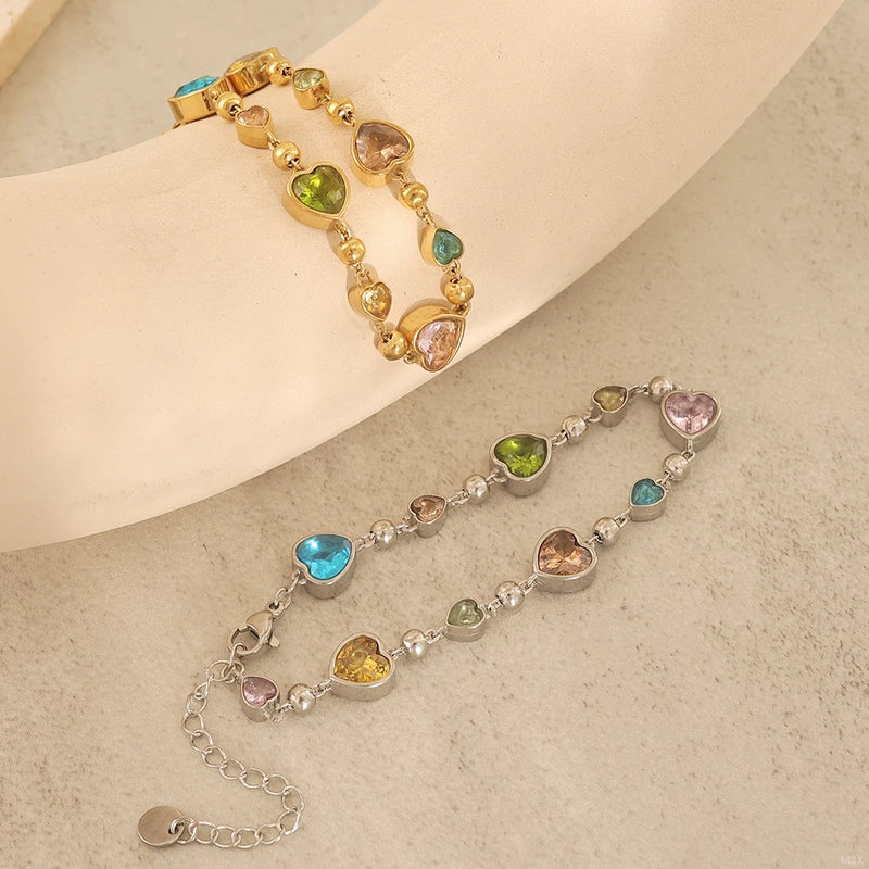 JOVO LOVE Colorful Lover Album Heart Crystal Bracelet for Women Stainless Steel Exquisite Metal Chain Bangles Popularity Jewelry