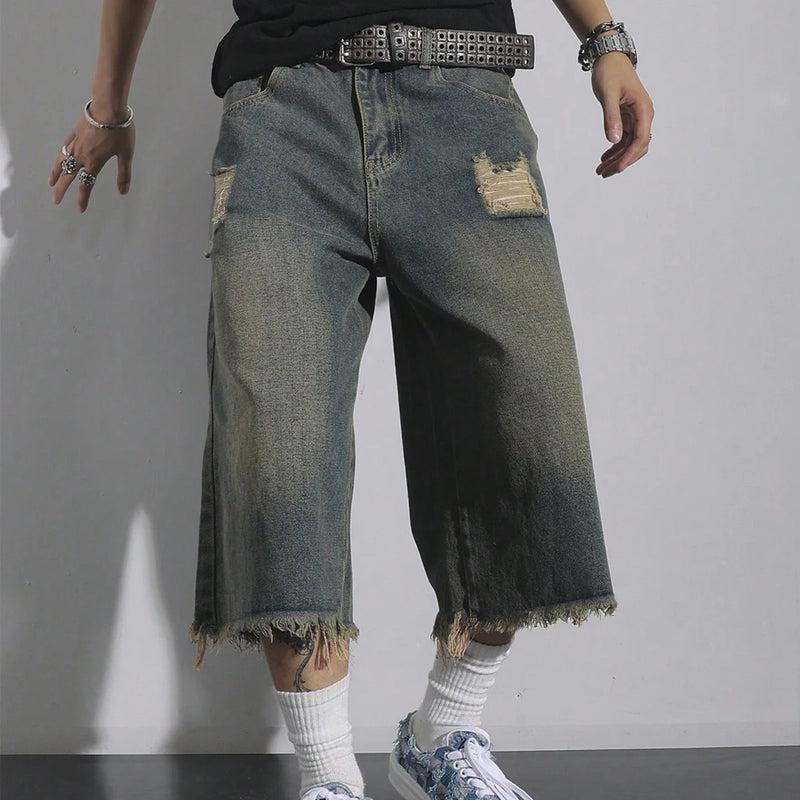 Men's Loose Ripped Denim Jeans 7 Point Calf Length Wide | SAMAG