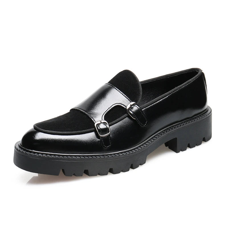 Men Dark Green Patent Velvet Spliced Double Monk Strap Shoes Retro British Platform Loafers Trend Casual Business Slip On Height