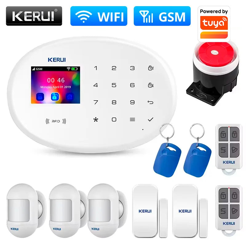 KERUI Home Security Protection WIFI GSM Alarm System Kit Works with Tuya Support Alexa with Door Opening Sensor Motion Detector