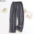 New 2026 Summer Men's Sleeper Pants 100% Cotton Crepe Pants Loose Thin Large Home Casual Checkered Home Pants Bottoms for Men