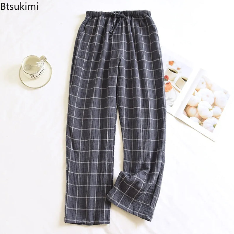 New 2026 Summer Men's Sleeper Pants 100% Cotton Crepe Pants Loose Thin Large Home Casual Checkered Home Pants Bottoms for Men