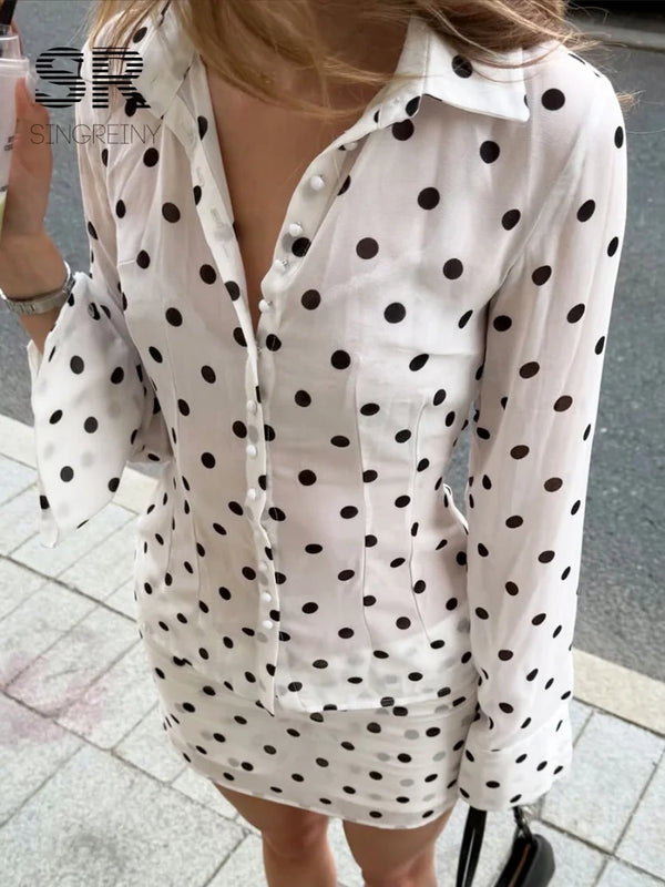 SINGREINY Polka Dot Cotton Blouse Suits Women Lapel Long Sleeves Shirt+Mini Skirt High Quality Autumn Slim Print Skirt Sets